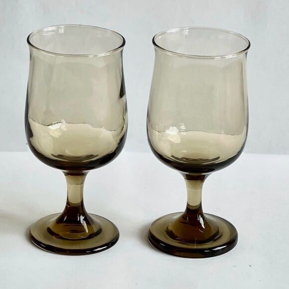 Vintage Libbey Connoisseur Smokey Tawny Gray Brown Tulip Stem Wine Glass Set - Picture 1 of 11